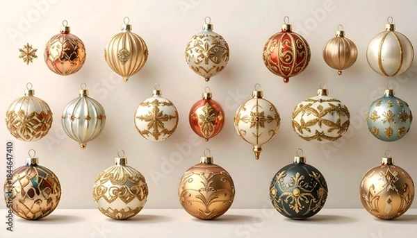Fototapeta Assortment of ornate, colorful Christmas ornaments arranged on a neutral surface