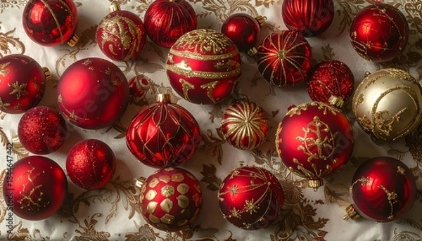 Fototapeta Overhead shot of red and gold Christmas ornaments on a patterned surface