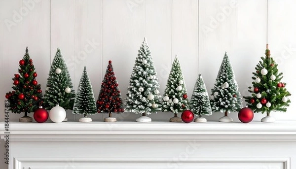 Fototapeta Collection of miniature Christmas trees on a white mantelpiece, with ornaments
