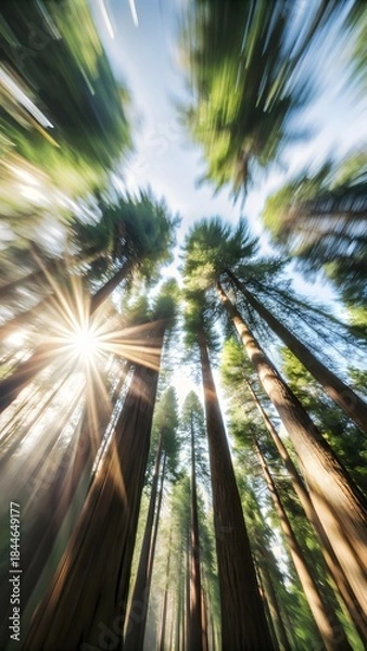 Obraz Redwood trees with sunlight creating a serene atmosphere under a clear blue sky.