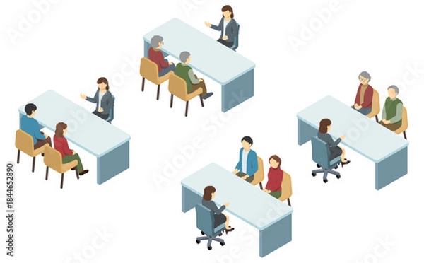 Obraz アイソメトリックイラスト：机越しに説明するスーツ女性