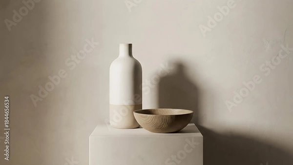 Obraz Minimalist Still Life with Ceramic Vase and Textured Bowl on a White Pedestal Displaying Modern Artistic Design