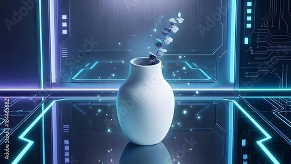 Obraz Digital Bloom A White Vase with Emerging Futuristic Flowers in a Cyberpunk Environment