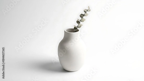 Obraz Minimalist Still Life with a White Ceramic Vase and a Single Stem of Eucalyptus on a Clean Background