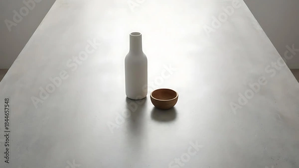 Obraz Minimalist Still Life with White Vase and Wooden Bowl on Textured Surface