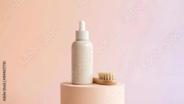 Obraz Minimalist Beauty Products Displayed on a Pedestal with a Soft Pastel Background for Wellness and Skincare Advertising