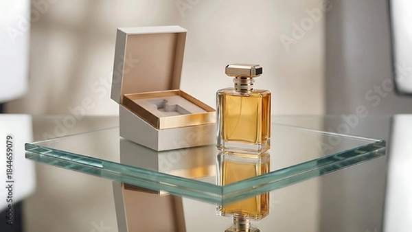 Obraz Elegant Perfume Bottle with Open Packaging on Glass Surface for Luxury Product Display