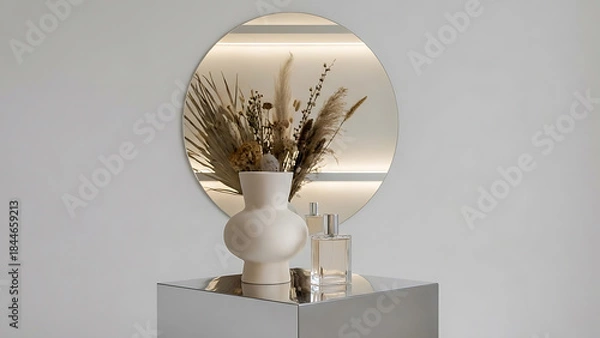 Obraz Minimalist Interior Display with Dried Flowers and Reflective Surfaces Creating a Calm and Stylish Aesthetic