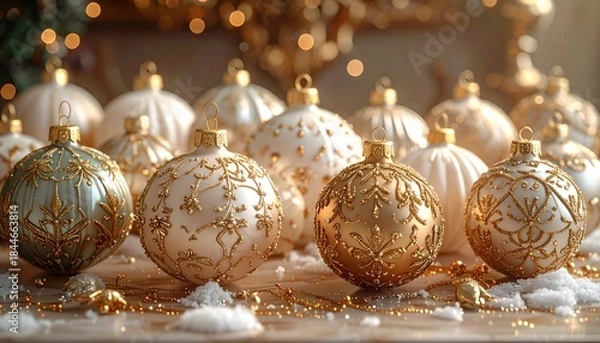 Fototapeta Close-up of ornate Christmas ornaments, gold and white, with snow and bokeh background