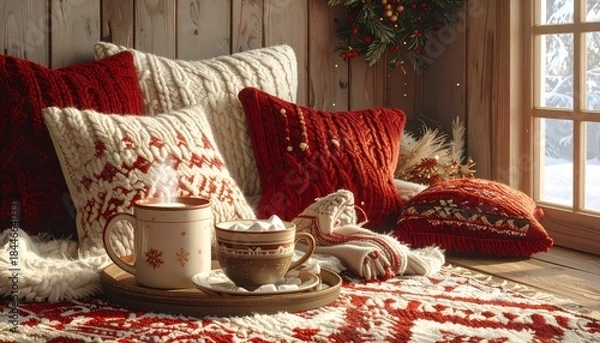 Fototapeta Cozy scene w/ knitted pillows, cocoa, window w/ snow. Festive holiday setting