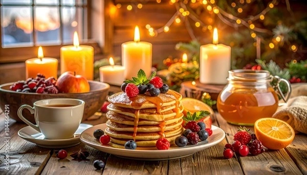 Fototapeta Cozy scene with pancakes topped with berries, surrounded by candles and fruit