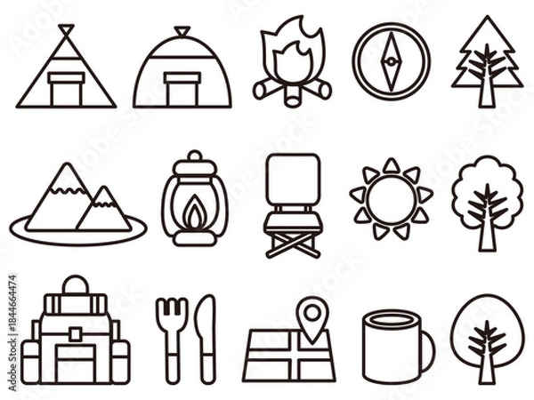 Fototapeta キャンプとアウトドアの線画アイコン素材セット