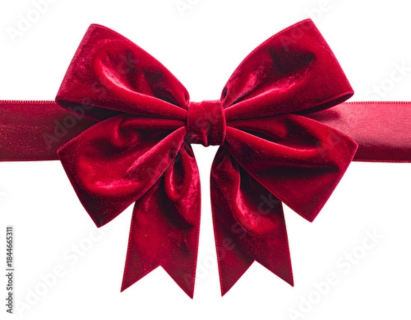 Fototapeta Close-up of a luxurious, deep red velvet bow and ribbon against a transparent background