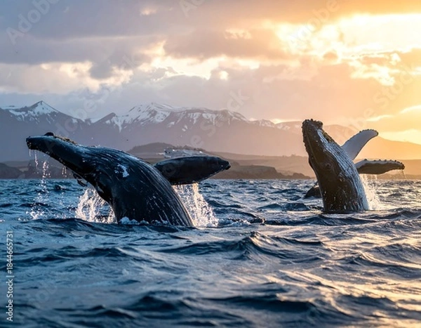 Fototapeta Two whales breach from ocean under sunlit sky near snowy mountains