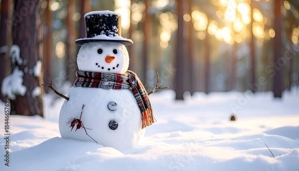 Fototapeta A whimsical snowman stands in a snowy forest, bright sun backlighting the scene