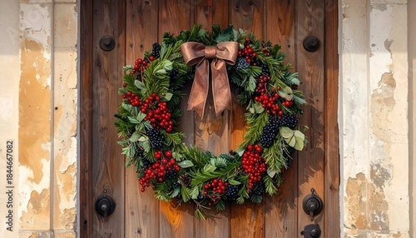 Fototapeta A vibrant Christmas wreath adorned with berries & a bow, hangs on a weathered wooden door