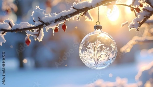 Fototapeta A frosted branch with ornament, berries, and sunlight creates a winter holiday scene
