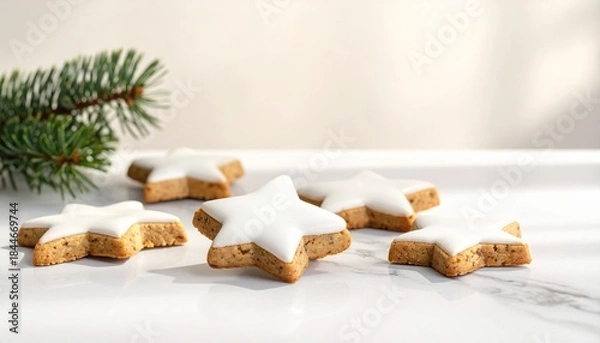 Fototapeta Festive Christmas Cookies with Icing and Sprinkles on Rustic Wooden Table