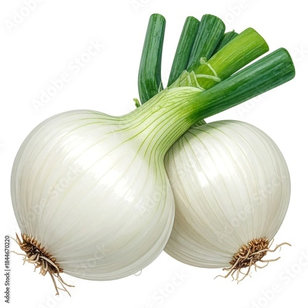 Fototapeta Two white onions with green stalks isolated on a transparent background