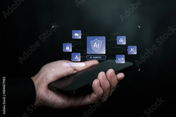 Obraz A hand holding a smartphone with an AI agents interface, representing artificial intelligence automation, smart technology, mobile computing, and secure digital services.