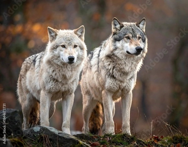 Fototapeta Two wolves in autumn forest