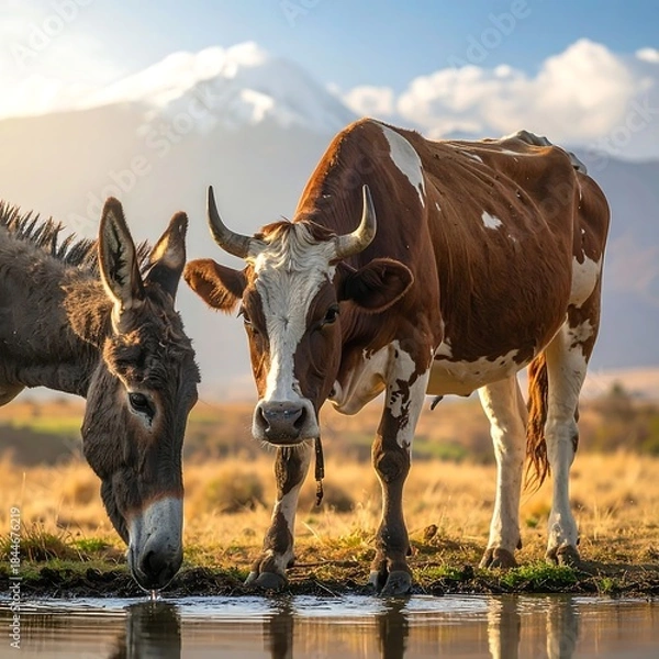 Fototapeta Two animals drinking by a pond