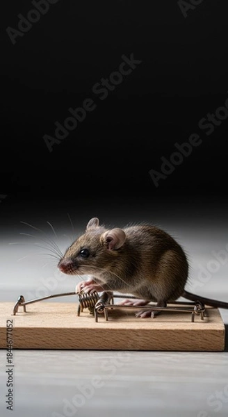 Fototapeta A house mouse caught in a traditional wooden spring trap, highlighting the necessity of effective rodent control and immediate pest management indoors ,structure ,hardware ,setup
