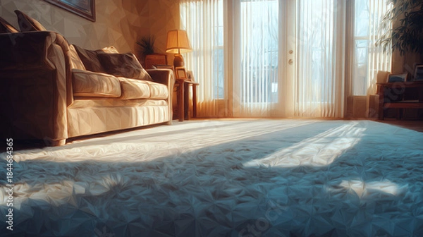 Obraz 朝の自然光が差し込む部屋で、家具の下に広がるカーペットが生活の温度を伝える室内風景の水彩ポリゴン