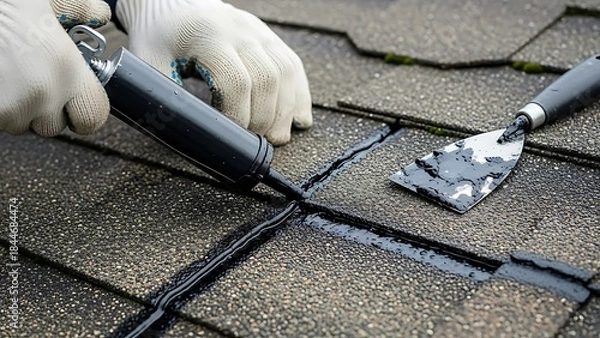 Fototapeta Worker applying black roof sealant with caulk gun on asphalt shingles