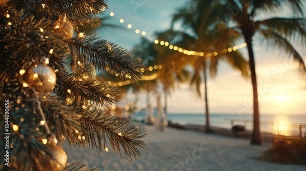 Obraz Christmas tree decorating tropical beach at sunset