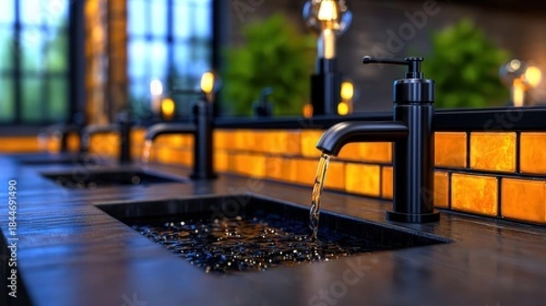 Fototapeta Modern restroom sinks with running water