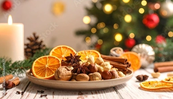 Obraz Festive table with nuts, oranges, spices, candle, & decorated tree background