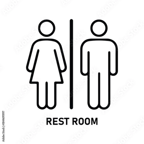 Fototapeta A modern minimalist toilet logo showing a male figure on the left and a female figure on the right, separated by a vertical line, designed in clean black silhouette style