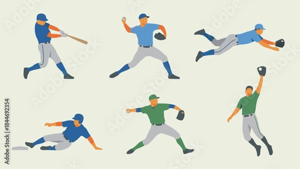 Obraz Baseball players in various action poses, flat design illustration set