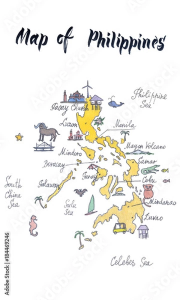 Fototapeta Map of attractions of Philippines, watercolor hand drawn, illustration