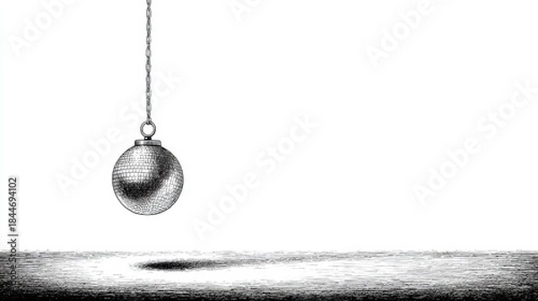 Fototapeta A metallic sphere suspended by a chain casts a shadow on a textured surface