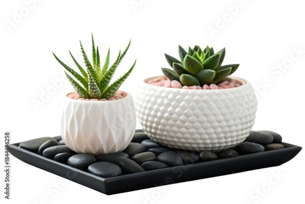 Obraz Modern Succulent Plants in White Ceramic Pots with Black Pebble Tray