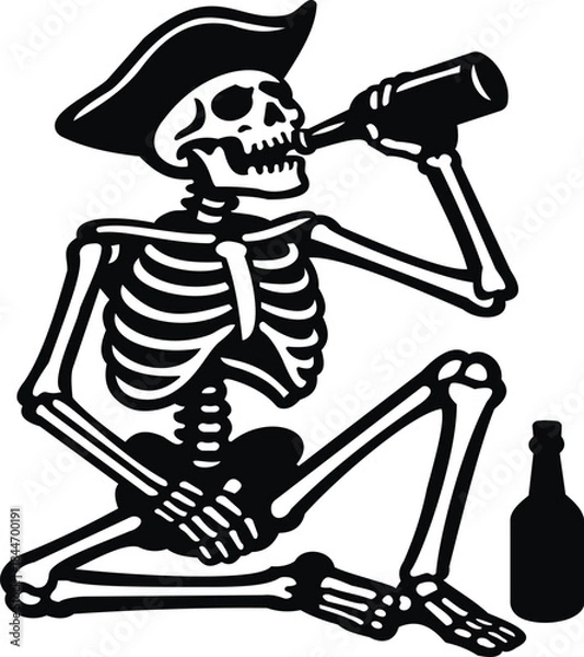 Fototapeta This eye-catching illustration features a whimsical pirate skeleton sitting and enjoying a drink from a bottle. With a classic pirate hat and a playful pose, this design combines humor and a touch of 