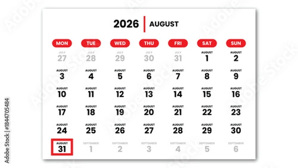 Obraz The date August 31st, 2026 marked with a red cursor on the wall