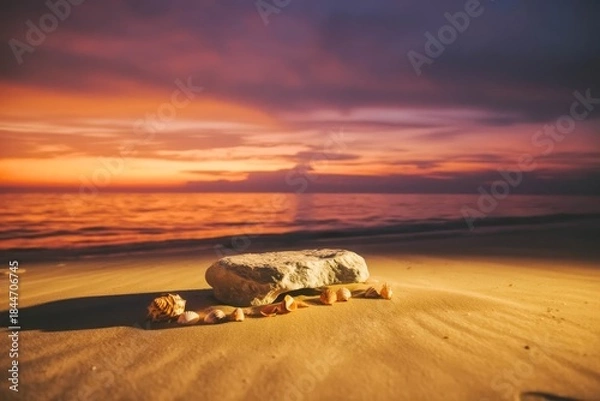 Obraz Stone podium for summer cosmetics product presentation on blurred tropical sea sand beach background.