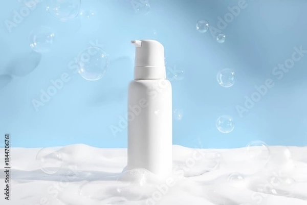 Obraz Pump bottle surrounded by gentle bubbles and soft foam.