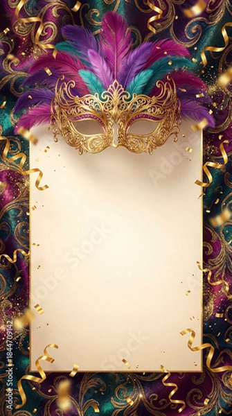 Fototapeta Fundo de Carnaval Brasileiro Luxuoso com Máscara Dourada e Amplo Espaço para Texto - Template Festivo 3D para Anúncios