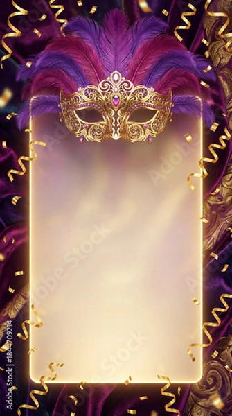 Fototapeta Fundo de Carnaval Brasileiro Luxuoso com Máscara Dourada e Amplo Espaço para Texto - Template Festivo 3D para Anúncios