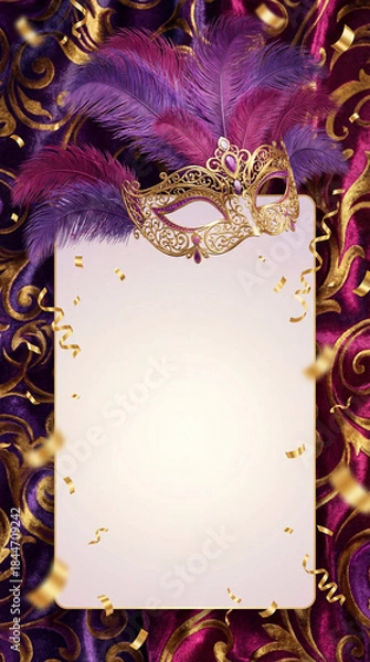 Fototapeta Fundo de Carnaval Brasileiro Luxuoso com Máscara Dourada e Amplo Espaço para Texto - Template Festivo 3D para Anúncios