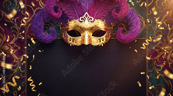 Fototapeta Fundo de Carnaval Brasileiro Luxuoso com Máscara Dourada e Amplo Espaço para Texto - Template Festivo 3D para Anúncios