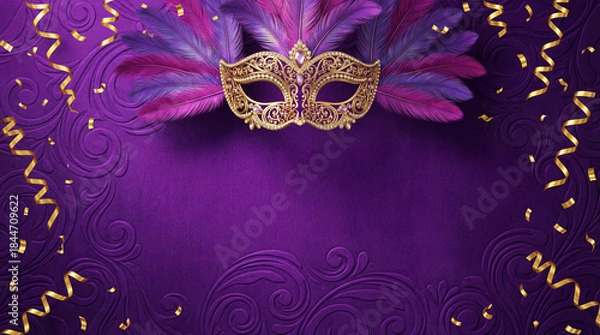 Fototapeta Fundo de Carnaval Brasileiro Luxuoso com Máscara Dourada e Amplo Espaço para Texto - Template Festivo 3D para Anúncios