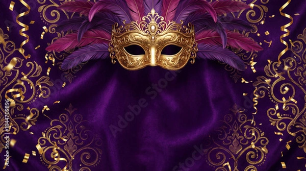 Fototapeta Fundo de Carnaval Brasileiro Luxuoso com Máscara Dourada e Amplo Espaço para Texto - Template Festivo 3D para Anúncios