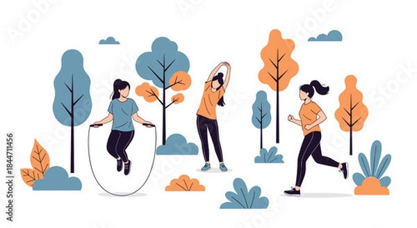 Fototapeta Group of young women enjoying a healthy lifestyle by exercising outdoors in a park with running jumping rope and stretching.