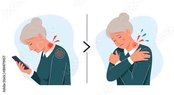 Fototapeta An illustration showing an elderly woman developing severe neck and shoulder pain from looking down at her smartphone for too long.