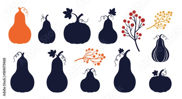 Fototapeta A collection of autumn harvest elements featuring pumpkin and gourd silhouettes with colorful berry branches for fall decorations.